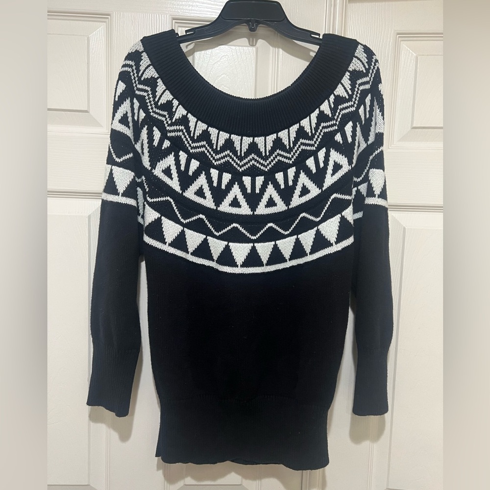 Express Womens Black White Fair Isle Boat Neck Sweater Size Medium